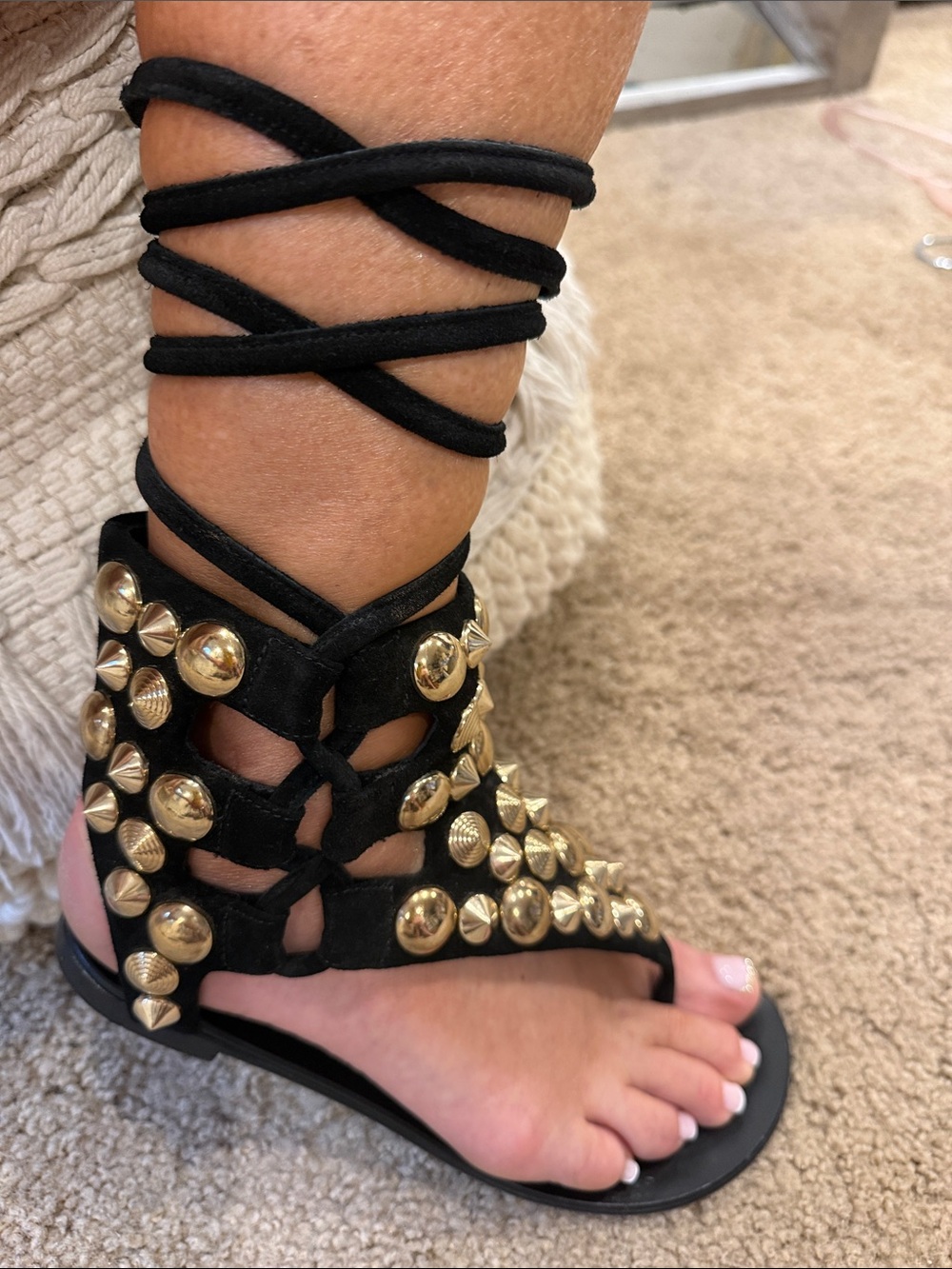 Giuseppe Zanotti Gold Studded Suede Gladiator Sandals Black Size 37.5 lace up - Picture 2 of 12